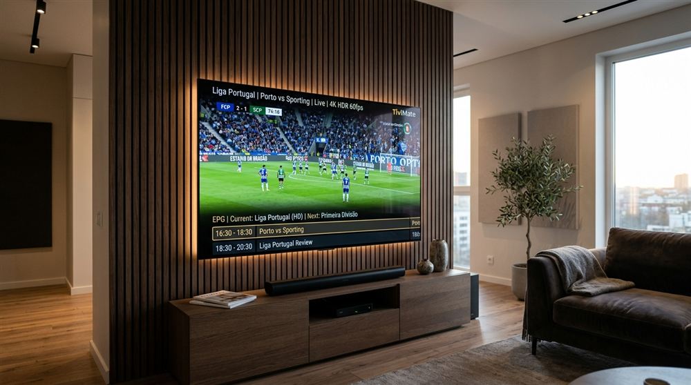 Ecrã de Smart TV com aplicação TiviMate configurada exibindo a grelha de canais da Liga Portugal